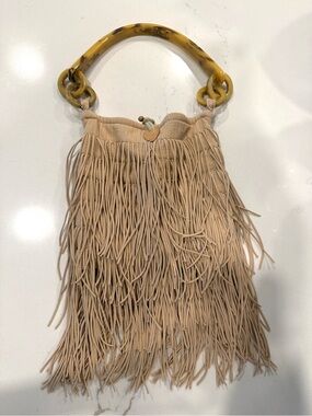 Beige Fringe Shoulder Bag with Tortoiseshell Handle
